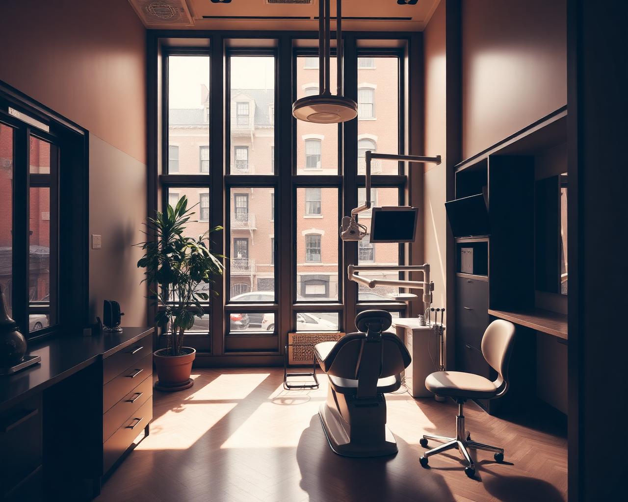 A modern dental treatment room with large windows